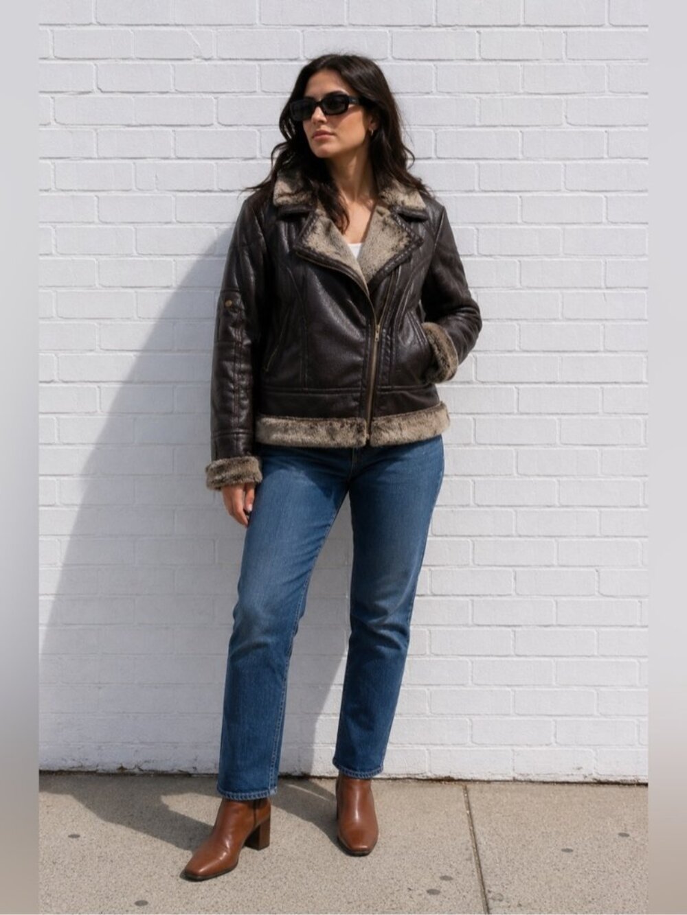 Vintage 90s Y2K Faux Leather Fur Lined Aviator Jacket Coat Brown size medium - Picture 2 of 13